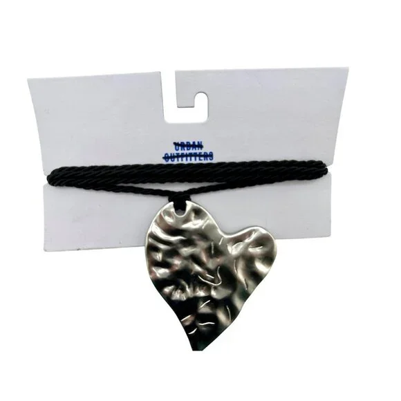 Urban Outfitters Silver Heart Pendant Necklace With Black Cord - Picture 2 of 4